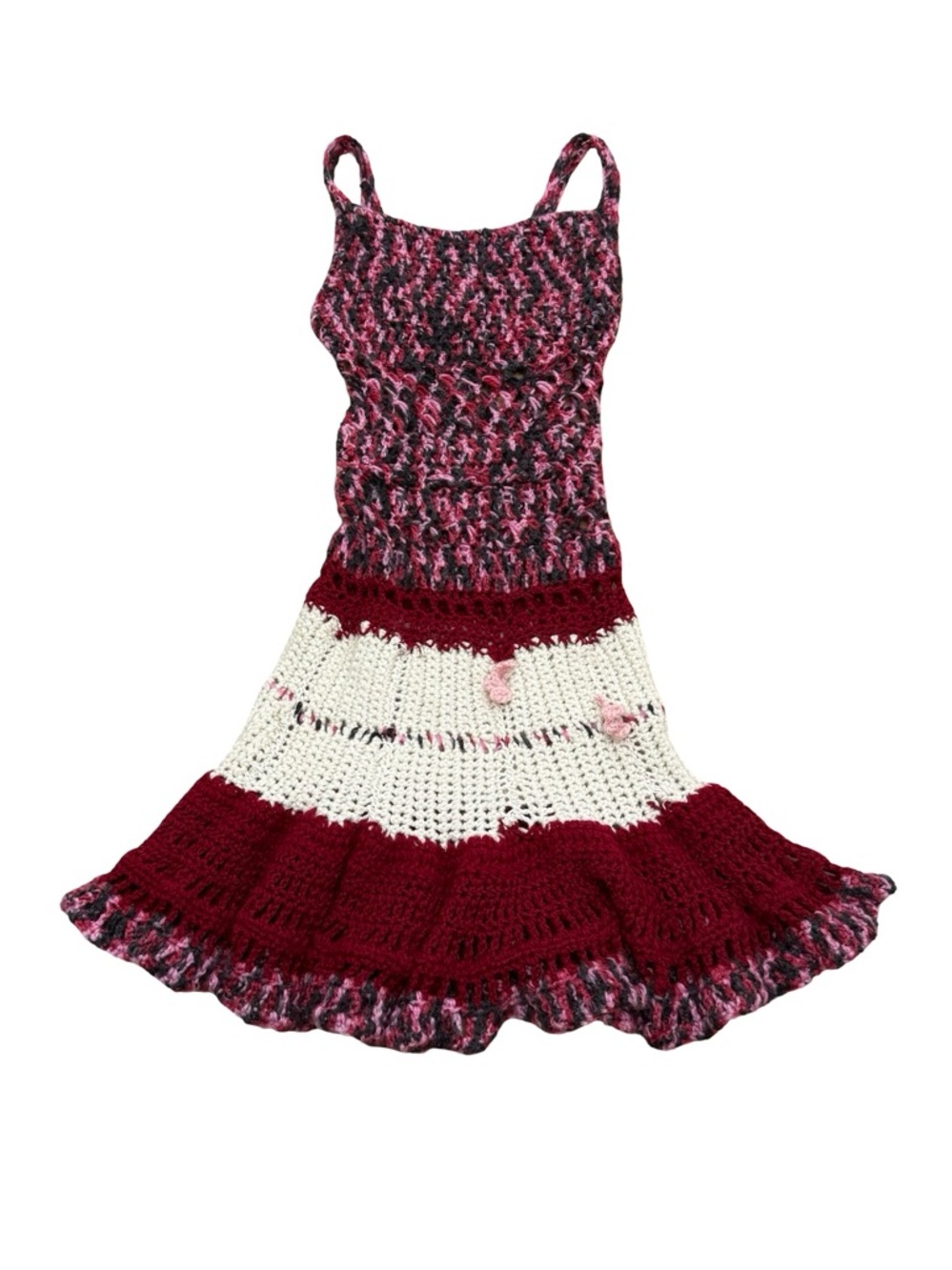 Custom Handmade Crocheted Wool Dress Red White Pink 2020s Mini Dress